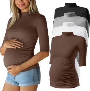 4 Pack Women's Maternity Shirts Half Sleeve Mock Turtleneck Pregnancy Tops Cotton Side Ruched Tees Casual Clothes