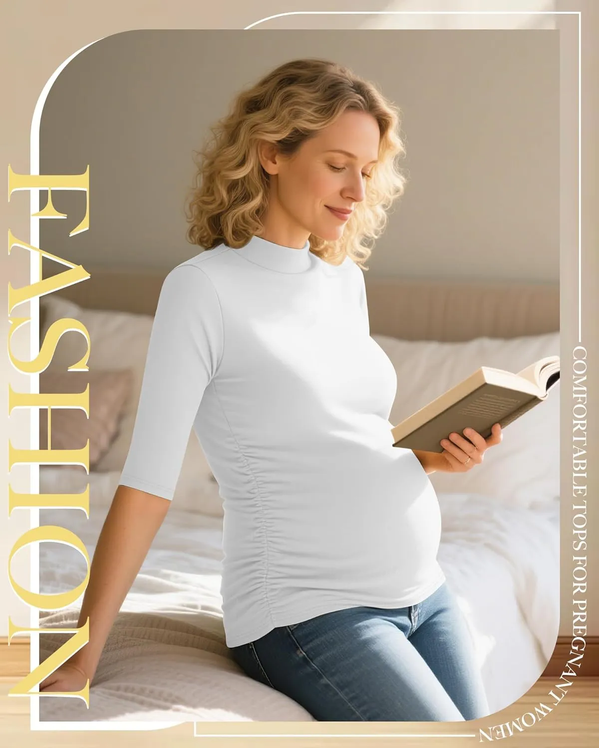 4 Pack Women's Maternity Shirts Half Sleeve Mock Turtleneck Pregnancy Tops Cotton Side Ruched Tees Casual Clothes