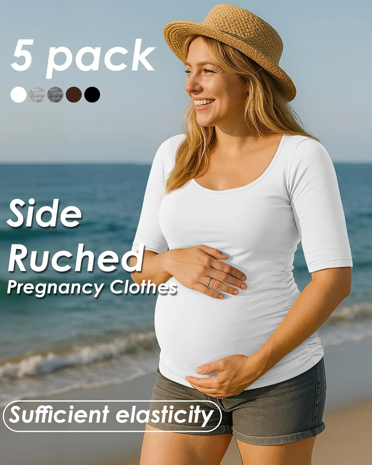 5 Pack Women's Maternity Shirts, Scoop Neck Maternity Top Casual Half Sleeve Tee Side Ruched Pregnancy Clothes