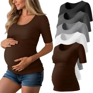 5 Pack Women's Maternity Shirts, Scoop Neck Maternity Top Casual Half Sleeve Tee Side Ruched Pregnancy Clothes