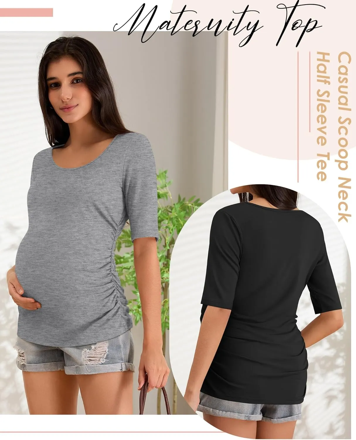 5 Pack Women's Maternity Shirts, Scoop Neck Maternity Top Casual Half Sleeve Tee Side Ruched Pregnancy Clothes