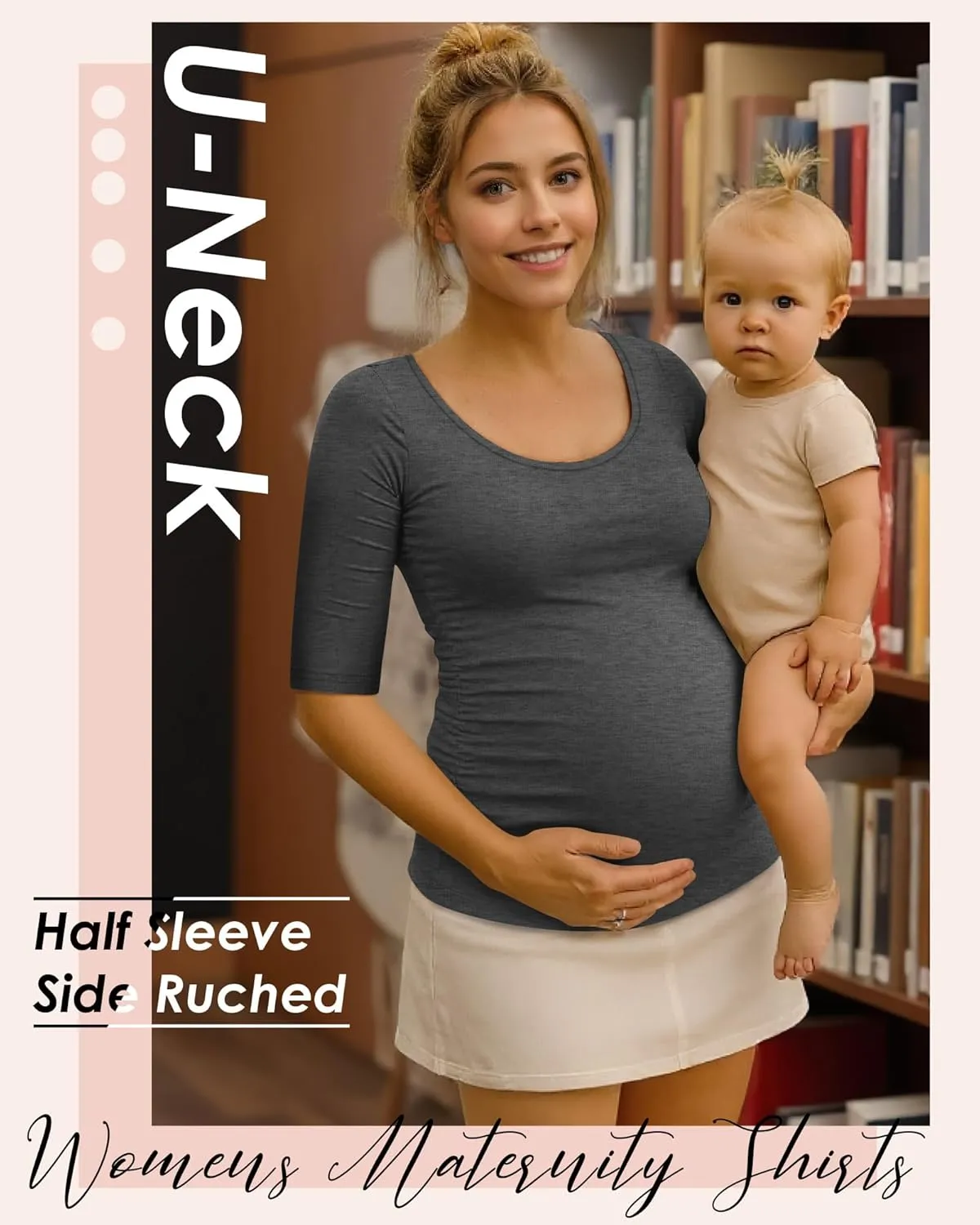 5 Pack Women's Maternity Shirts, Scoop Neck Maternity Top Casual Half Sleeve Tee Side Ruched Pregnancy Clothes