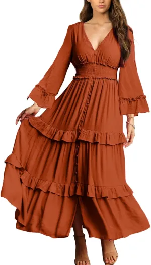 Amegoya Women's V Neck Long Sleeve Boho Maxi Dress Summer Wedding Guest Long Flowy Engagement Dresses