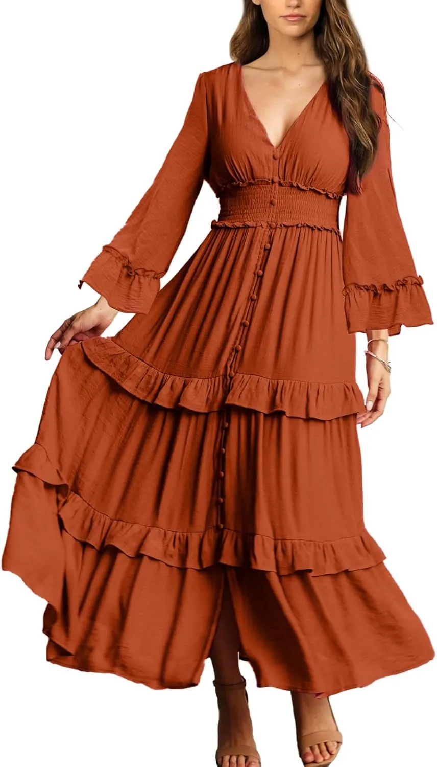 Amegoya Women's V Neck Long Sleeve Boho Maxi Dress Summer Wedding Guest Long Flowy Engagement Dresses
