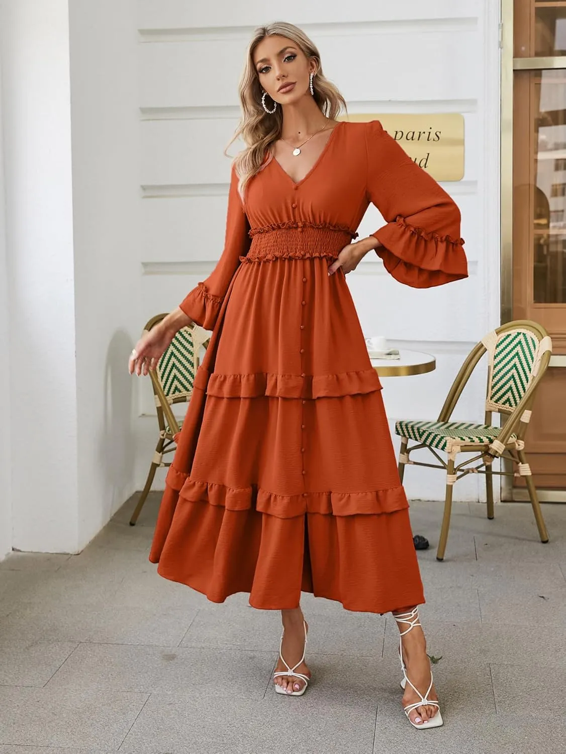 Amegoya Women's V Neck Long Sleeve Boho Maxi Dress Summer Wedding Guest Long Flowy Engagement Dresses