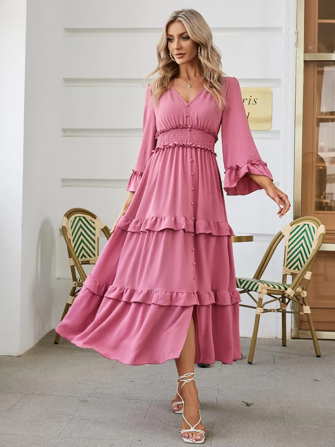 Amegoya Women's V Neck Long Sleeve Boho Maxi Dress Summer Wedding Guest Long Flowy Engagement Dresses