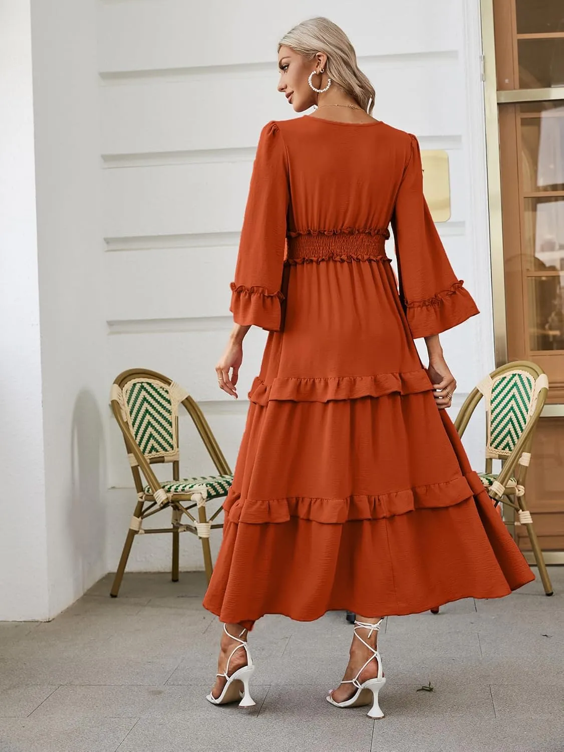 Amegoya Women's V Neck Long Sleeve Boho Maxi Dress Summer Wedding Guest Long Flowy Engagement Dresses