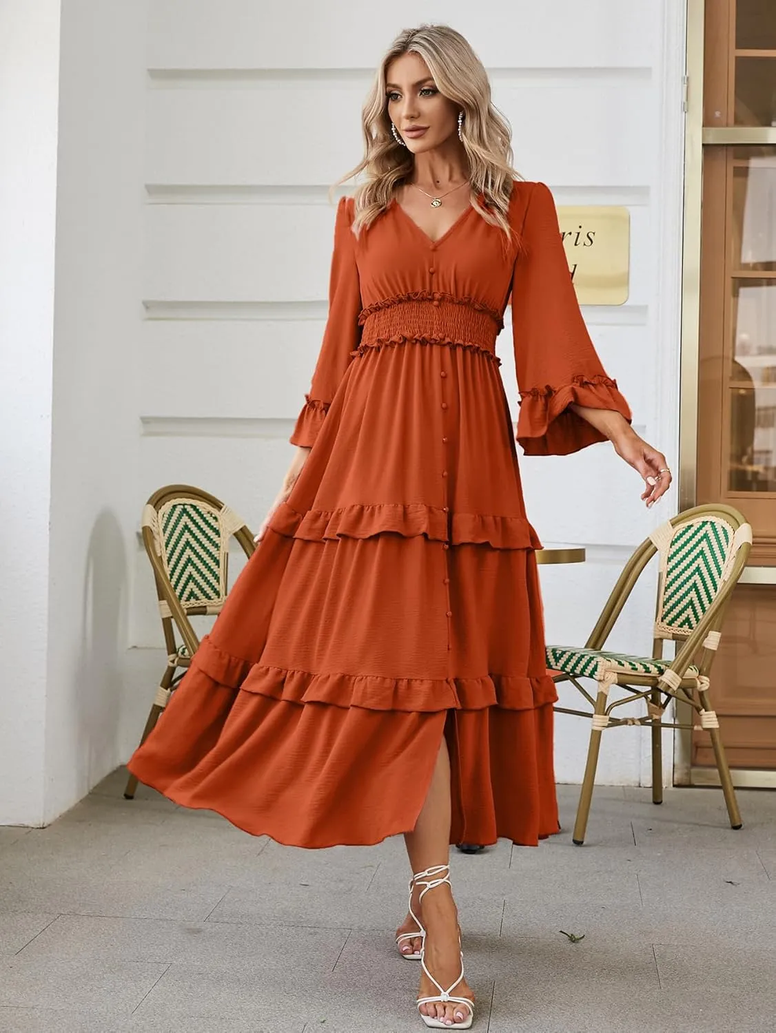 Amegoya Women's V Neck Long Sleeve Boho Maxi Dress Summer Wedding Guest Long Flowy Engagement Dresses