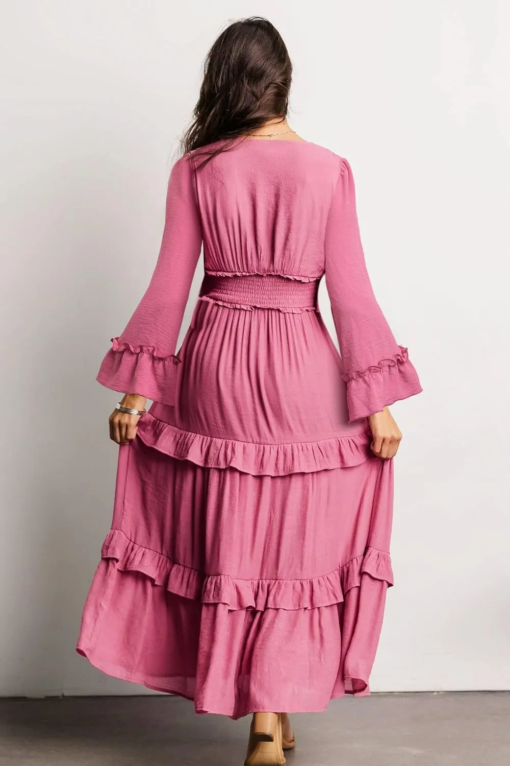 Amegoya Women's V Neck Long Sleeve Boho Maxi Dress Summer Wedding Guest Long Flowy Engagement Dresses
