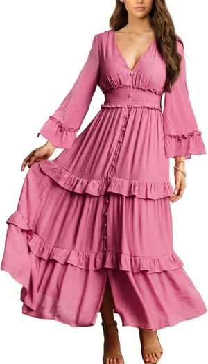 Amegoya Women's V Neck Long Sleeve Boho Maxi Dress Summer Wedding Guest Long Flowy Engagement Dresses