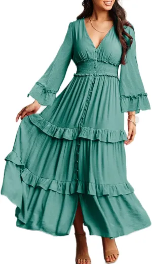 Amegoya Women's V Neck Long Sleeve Boho Maxi Dress Summer Wedding Guest Long Flowy Engagement Dresses