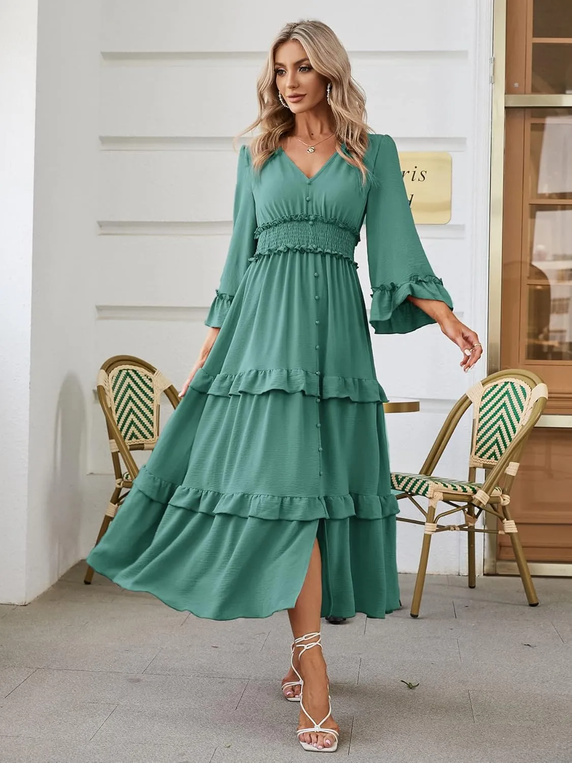 Amegoya Women's V Neck Long Sleeve Boho Maxi Dress Summer Wedding Guest Long Flowy Engagement Dresses
