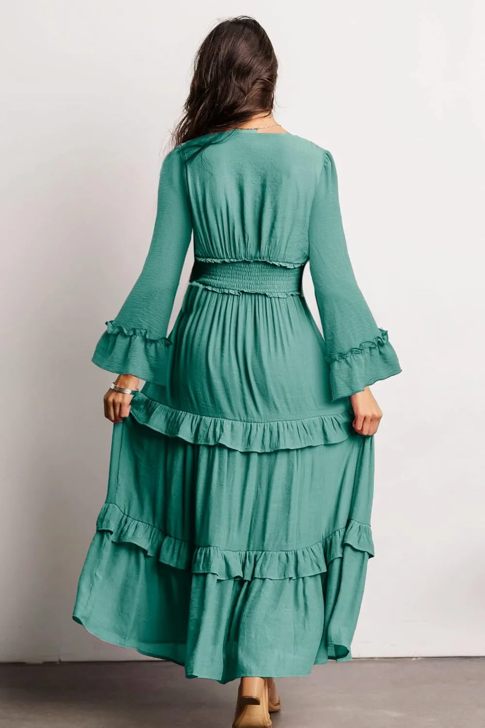 Amegoya Women's V Neck Long Sleeve Boho Maxi Dress Summer Wedding Guest Long Flowy Engagement Dresses
