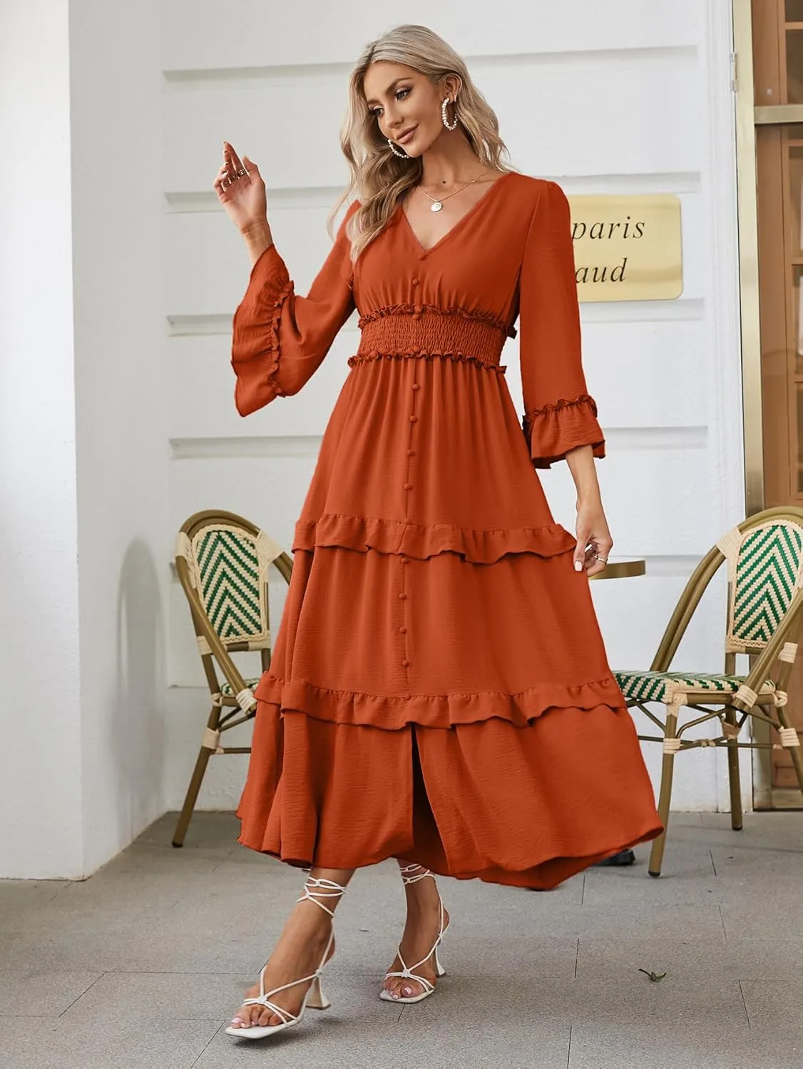 Amegoya Women's V Neck Long Sleeve Boho Maxi Dress Summer Wedding Guest Long Flowy Engagement Dresses