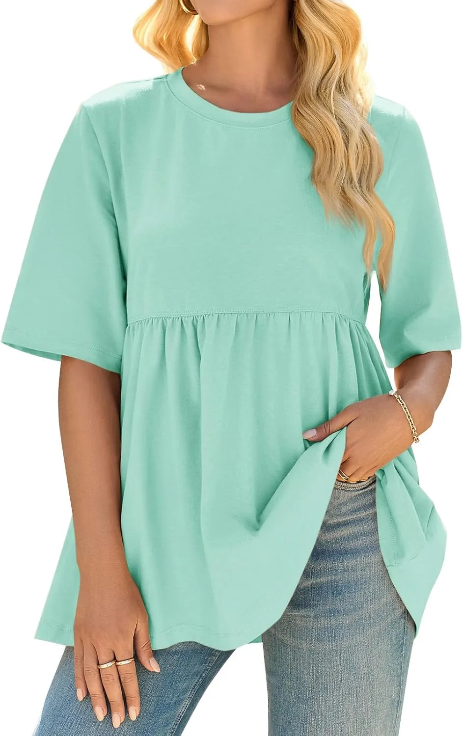Cicy Bell Women Summer Babydoll Tops Oversized Short Sleeve Peplum Tunic T Shirt Casual Loose Fit Blouse