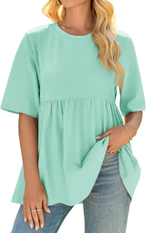 Cicy Bell Women Summer Babydoll Tops Oversized Short Sleeve Peplum Tunic T Shirt Casual Loose Fit Blouse