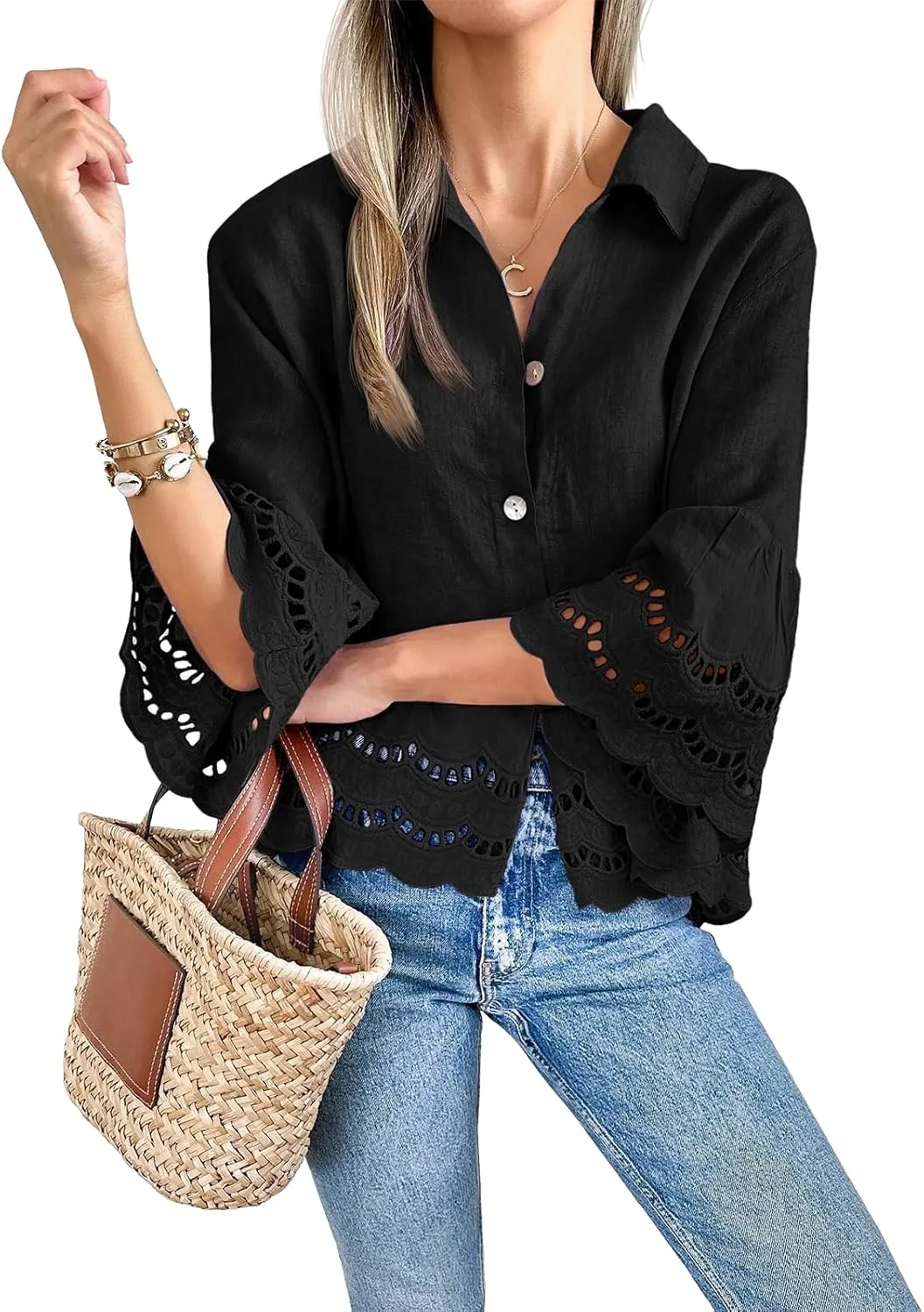 Cicy Bell Womens 3/4 Bell Sleeve Button Down Shirts Casual Ruffle Hem Tops Eyelet Blouse