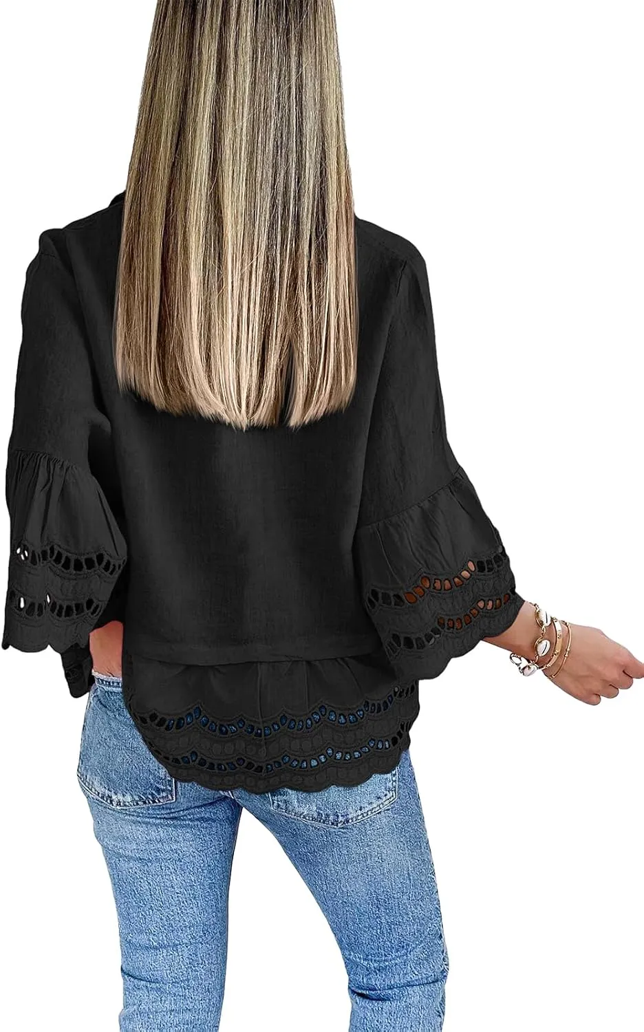 Cicy Bell Womens 3/4 Bell Sleeve Button Down Shirts Casual Ruffle Hem Tops Eyelet Blouse