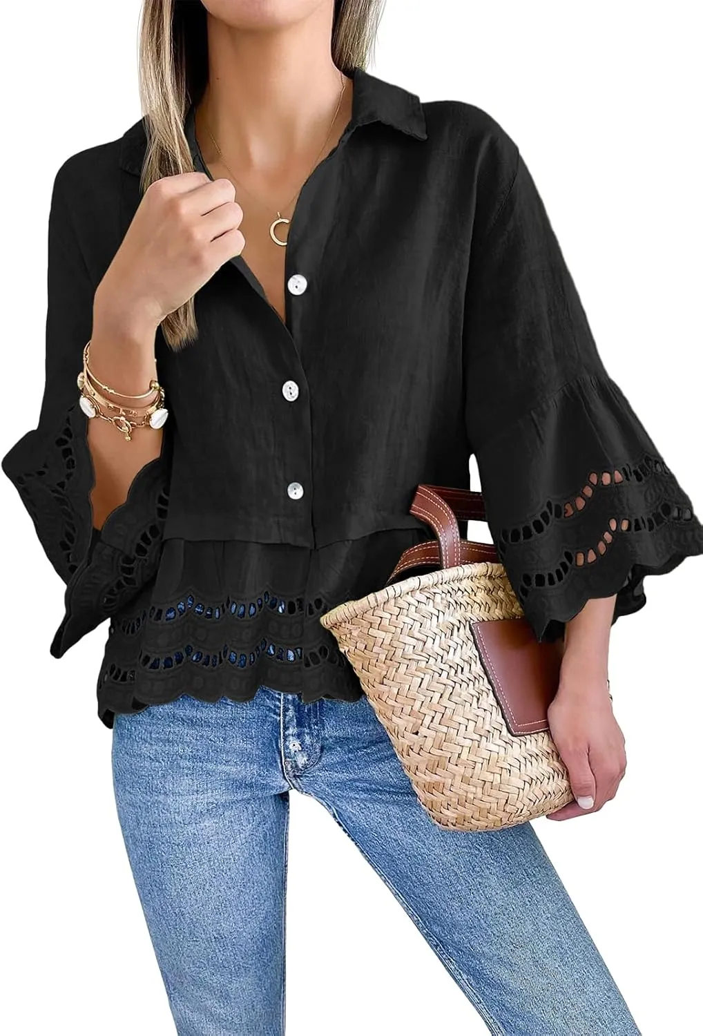 Cicy Bell Womens 3/4 Bell Sleeve Button Down Shirts Casual Ruffle Hem Tops Eyelet Blouse