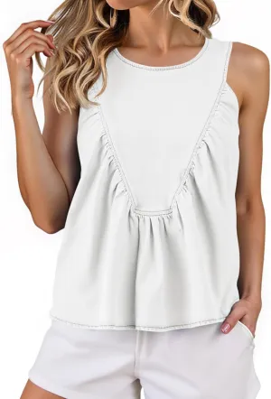 Cicy Bell Womens Babydoll Denim Tank Tops Peplum Swing Flowy Shirred Sleeveless Shirts Loose Fit Going Out Cute Tops