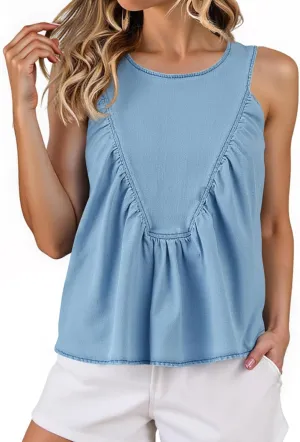 Cicy Bell Womens Babydoll Denim Tank Tops Peplum Swing Flowy Shirred Sleeveless Shirts Loose Fit Going Out Cute Tops