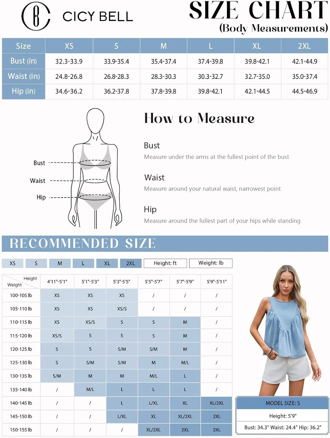 Cicy Bell Womens Babydoll Denim Tank Tops Peplum Swing Flowy Shirred Sleeveless Shirts Loose Fit Going Out Cute Tops