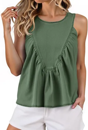 Cicy Bell Womens Babydoll Denim Tank Tops Peplum Swing Flowy Shirred Sleeveless Shirts Loose Fit Going Out Cute Tops