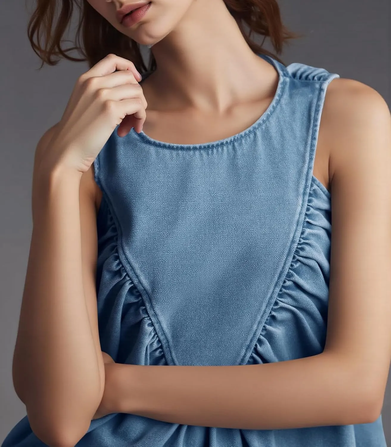 Cicy Bell Womens Babydoll Denim Tank Tops Peplum Swing Flowy Shirred Sleeveless Shirts Loose Fit Going Out Cute Tops