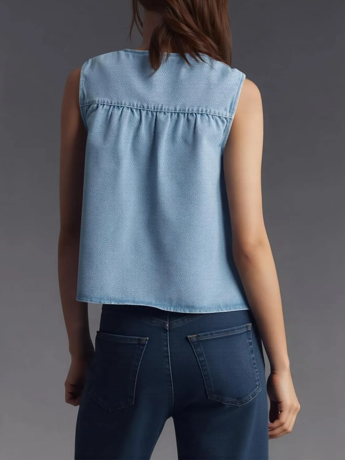 Cicy Bell Womens Babydoll Denim Tank Tops Peplum Swing Flowy Shirred Sleeveless Shirts Loose Fit Going Out Cute Tops