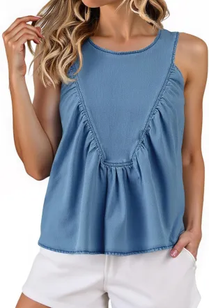 Cicy Bell Womens Babydoll Denim Tank Tops Peplum Swing Flowy Shirred Sleeveless Shirts Loose Fit Going Out Cute Tops