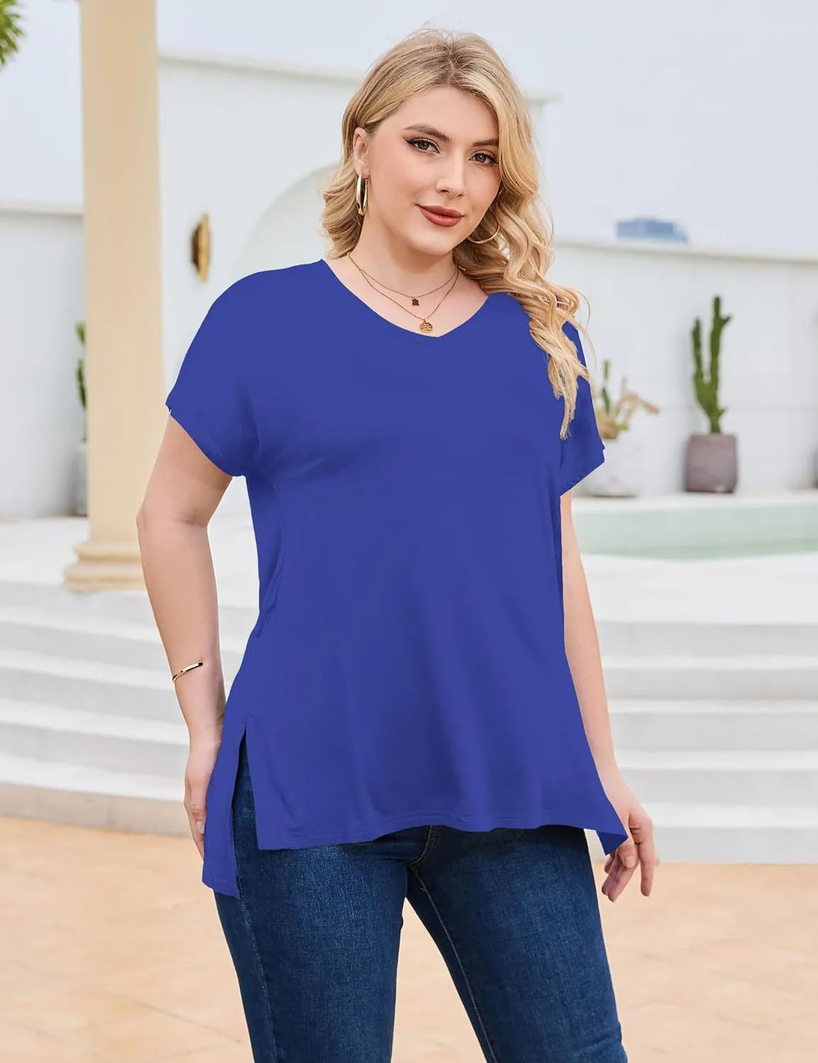 Florboom Women Plus Size Tops Long/Short Sleeve V Neck T Shirts Casual Loose Fit Basic Tee Tshirt