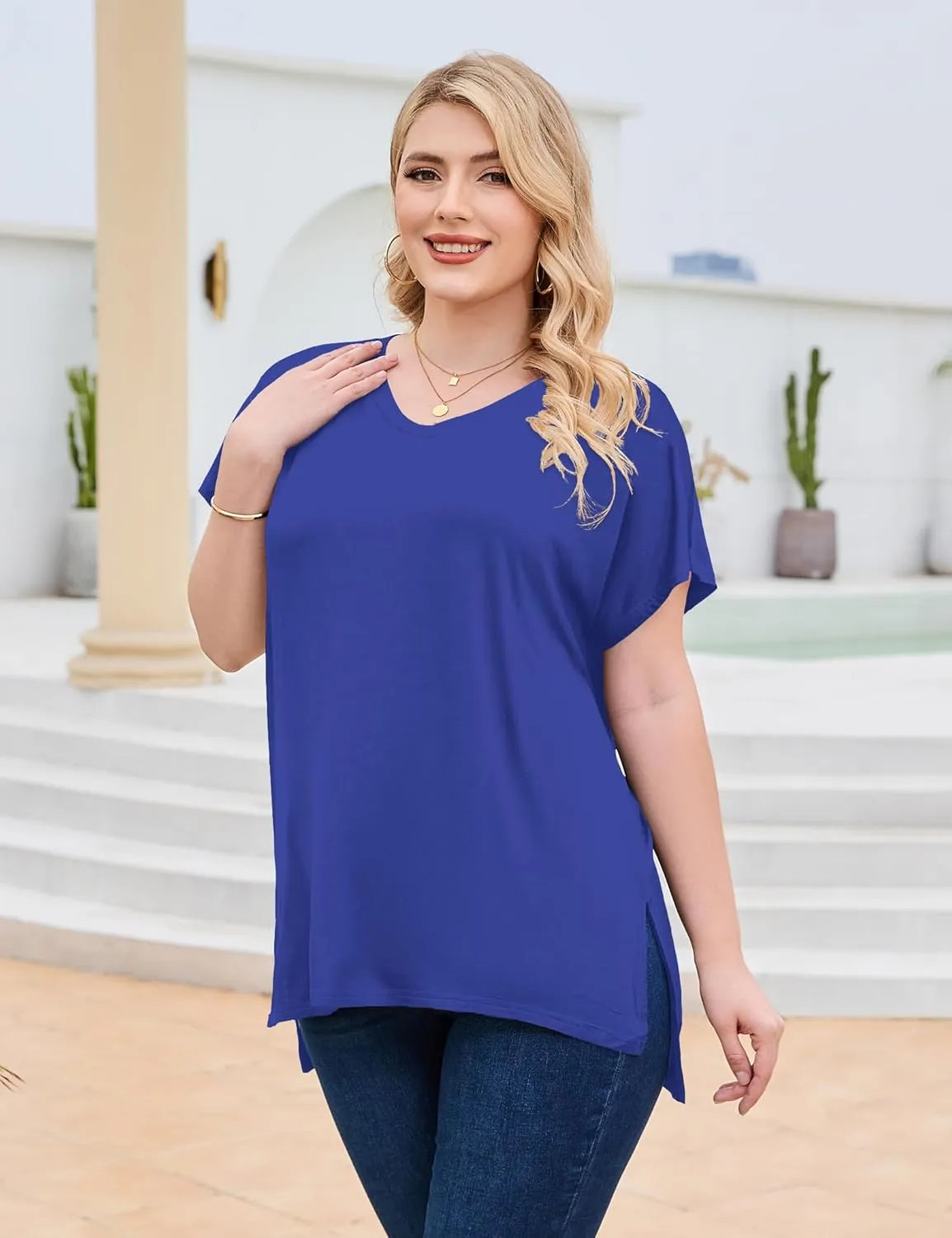 Florboom Women Plus Size Tops Long/Short Sleeve V Neck T Shirts Casual Loose Fit Basic Tee Tshirt