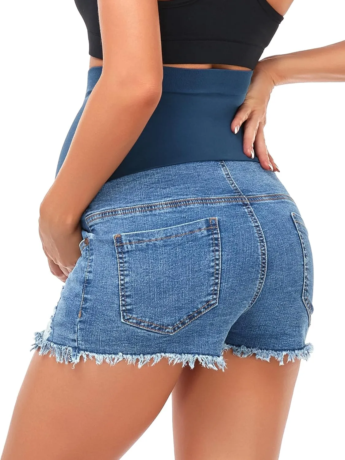 HOFISH Womens Maternity Jeans Shorts Over The Belly Stretchy Comfy Denim Pants Casual Workout Pregnancy Shorts
