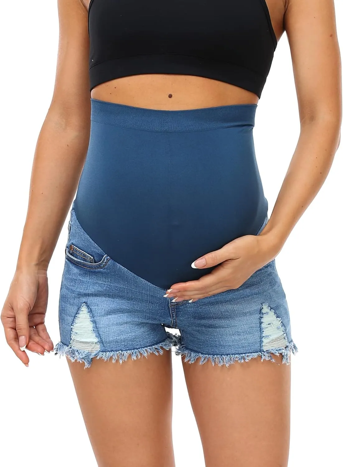 HOFISH Womens Maternity Jeans Shorts Over The Belly Stretchy Comfy Denim Pants Casual Workout Pregnancy Shorts
