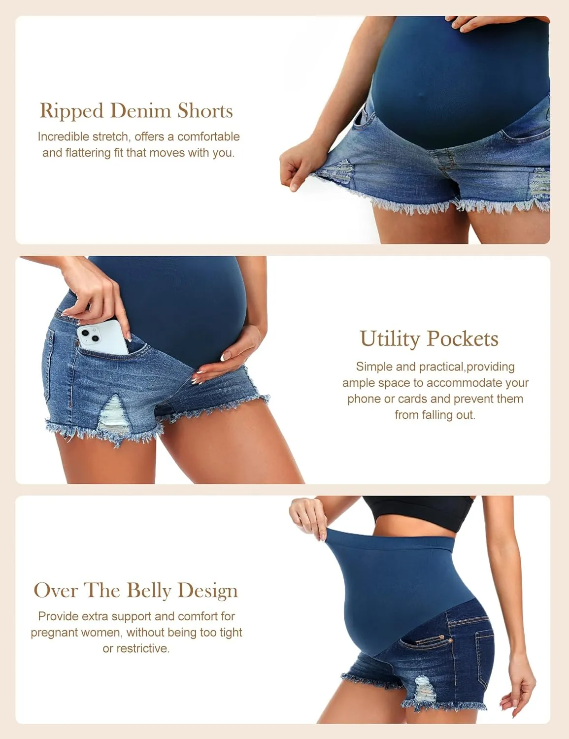 HOFISH Womens Maternity Jeans Shorts Over The Belly Stretchy Comfy Denim Pants Casual Workout Pregnancy Shorts