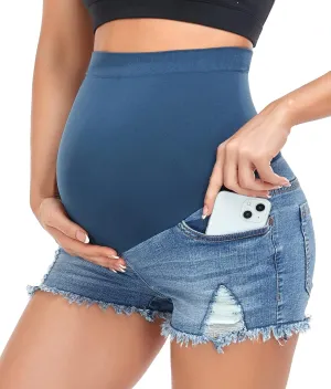 HOFISH Womens Maternity Jeans Shorts Over The Belly Stretchy Comfy Denim Pants Casual Workout Pregnancy Shorts