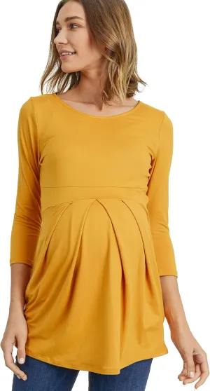 LaClef Women's Round Neck 3/4 Sleeve Front Pleat Peplum Maternity Top