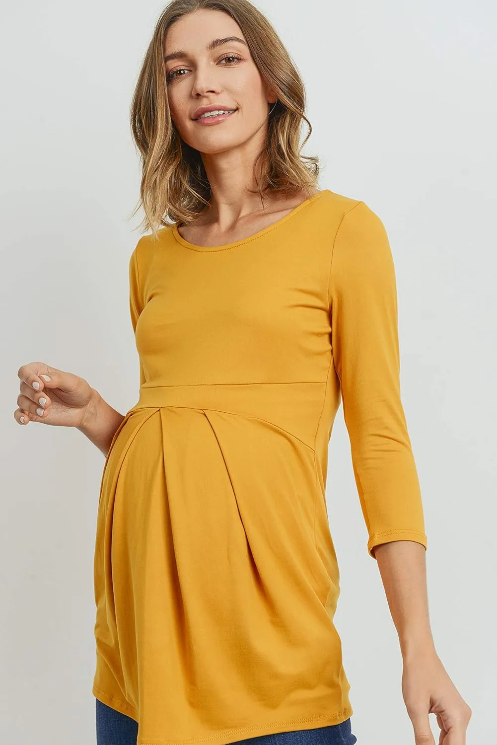 LaClef Women's Round Neck 3/4 Sleeve Front Pleat Peplum Maternity Top