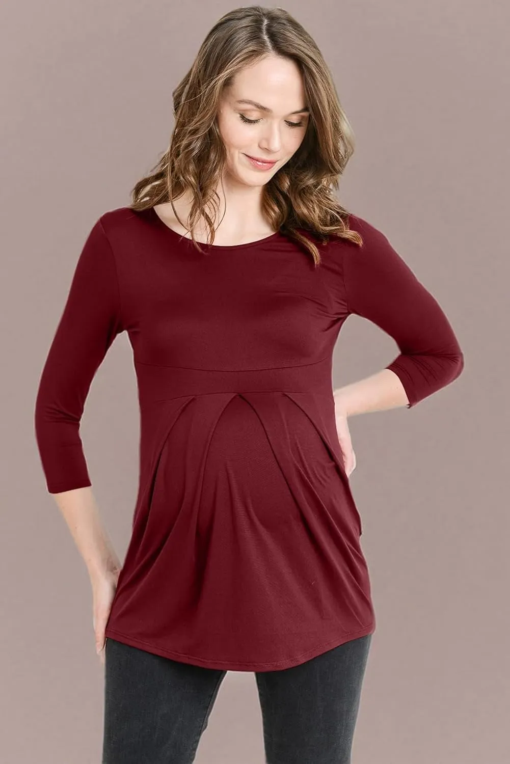 LaClef Women's Round Neck 3/4 Sleeve Front Pleat Peplum Maternity Top