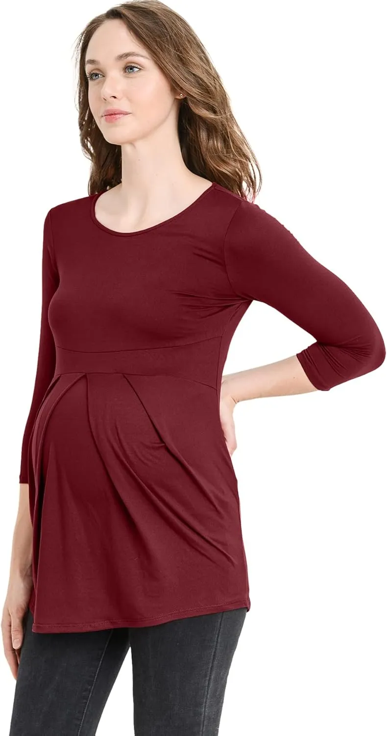 LaClef Women's Round Neck 3/4 Sleeve Front Pleat Peplum Maternity Top