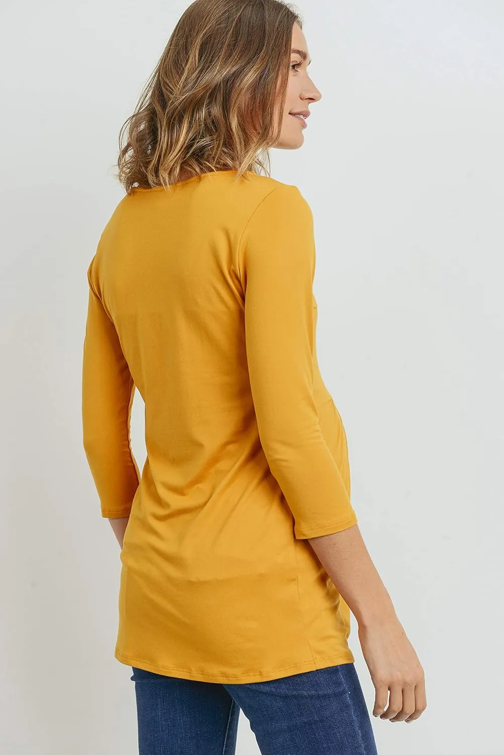 LaClef Women's Round Neck 3/4 Sleeve Front Pleat Peplum Maternity Top