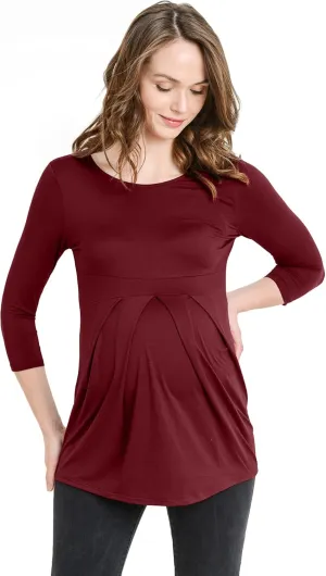 LaClef Women's Round Neck 3/4 Sleeve Front Pleat Peplum Maternity Top