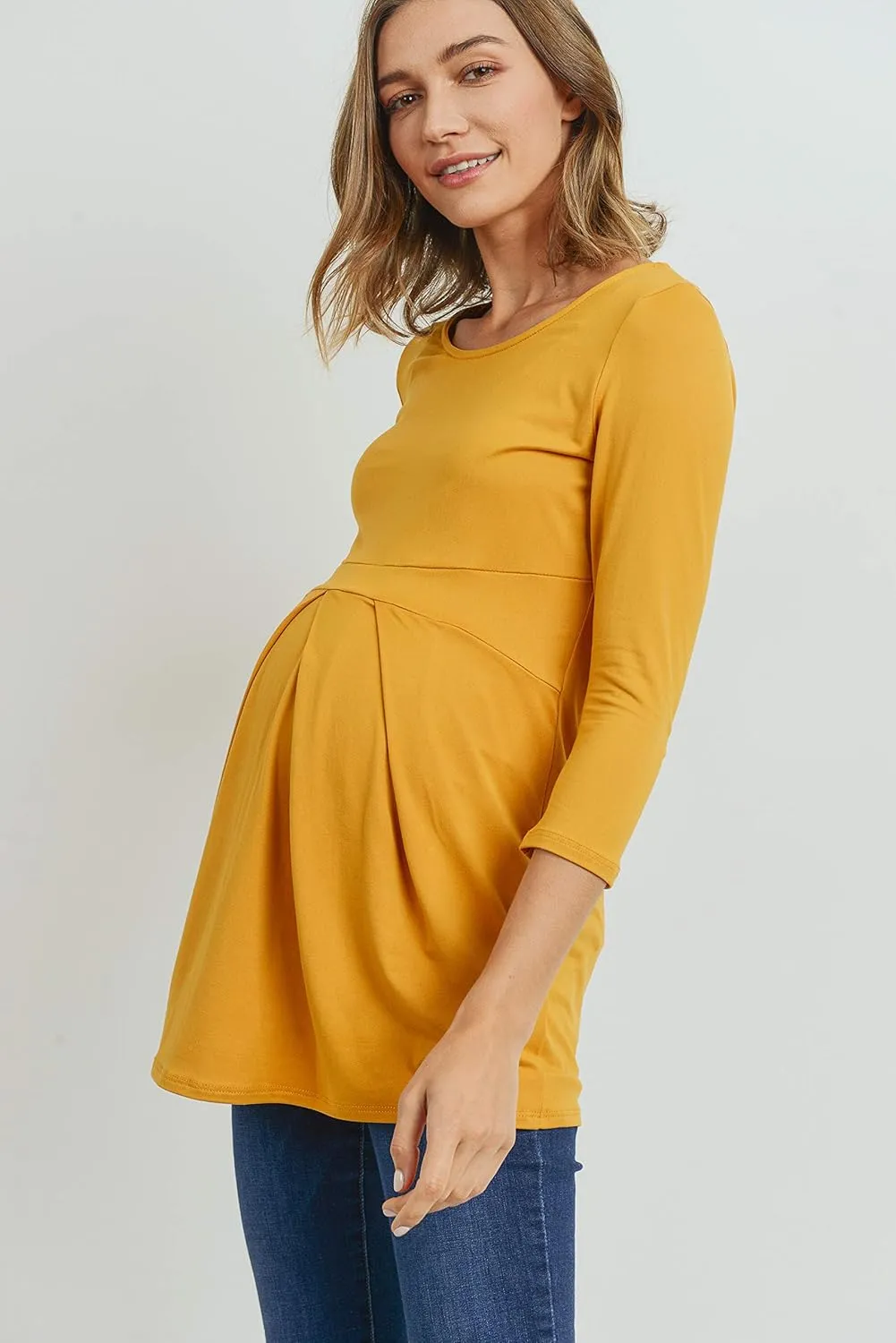 LaClef Women's Round Neck 3/4 Sleeve Front Pleat Peplum Maternity Top