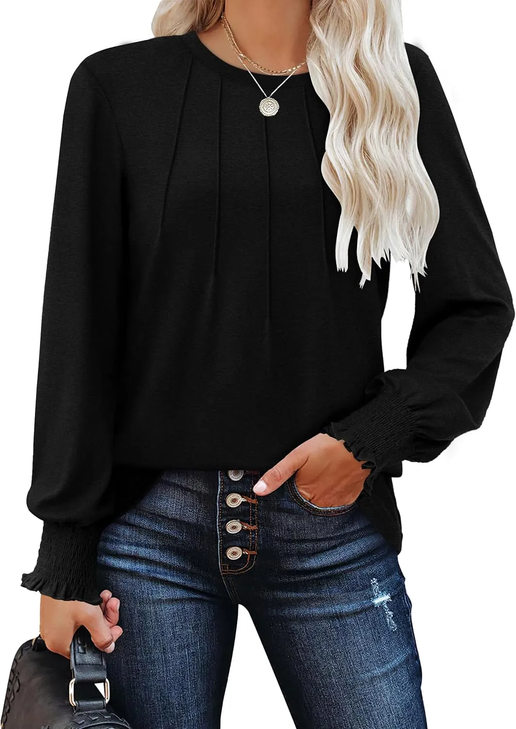 OFEEFAN Women's Tunic Tops Ruffle Sleeve Shirts Pleated Front Blouses Fall Travel Outfits S-3XL