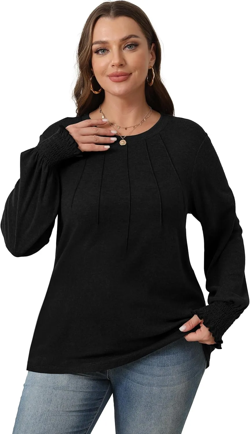 OFEEFAN Women's Tunic Tops Ruffle Sleeve Shirts Pleated Front Blouses Fall Travel Outfits S-3XL