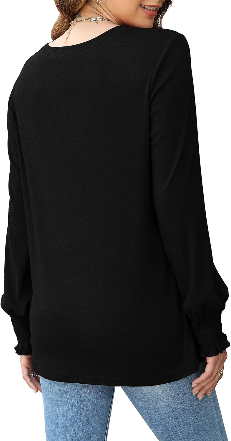 OFEEFAN Women's Tunic Tops Ruffle Sleeve Shirts Pleated Front Blouses Fall Travel Outfits S-3XL