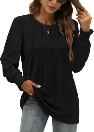 OFEEFAN Women's Tunic Tops Ruffle Sleeve Shirts Pleated Front Blouses Fall Travel Outfits S-3XL
