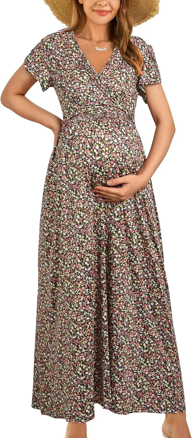 OUGES Maternity Maxi Dress Wrap V Neck Baby Shower Pregnancy Dresses for Photoshoot