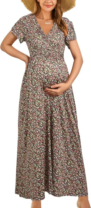 OUGES Maternity Maxi Dress Wrap V Neck Baby Shower Pregnancy Dresses for Photoshoot