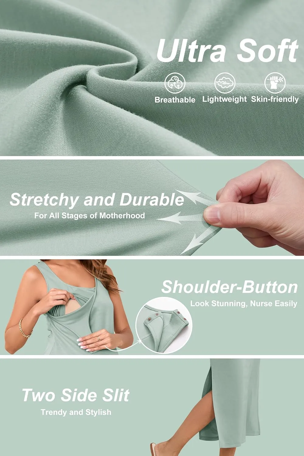 OUGES Womens 2025 Summer Maternity Nursing Dress Split Midi Sleeveless Breastfeeding Dress Scoop Neck Pregnancy Clothes